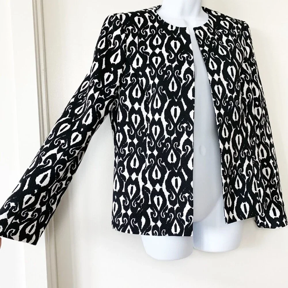 Kasper Suit Jacket Blazer Black & White Print‎ Open Front Women's Size 8